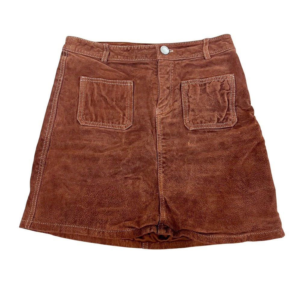 BlankNYC Brown Suede Leather Mini Skirt Contrast Stitch Pockets Boho Size 24